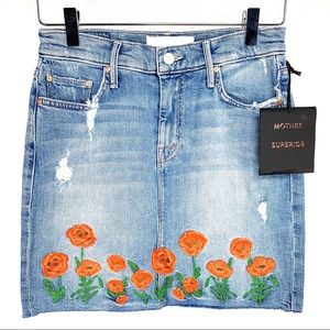 MOTHER High-Waist Frayed Embroidered Skirt